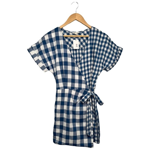 New Mainstrip Gingham V Neck Tie Wrap Front Romper Plaid Blue S - Picture 2 of 15